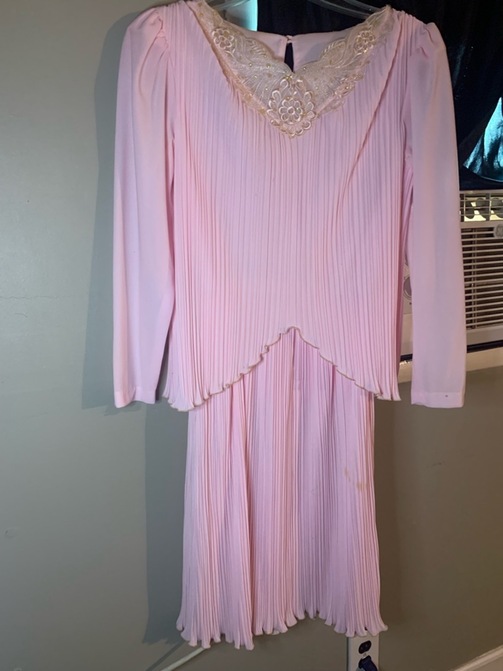 Vintage Pink Long Sleeve Boston maid Pleated Dress with Lace Trim
